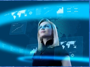 Person surrounded by holographic data displays