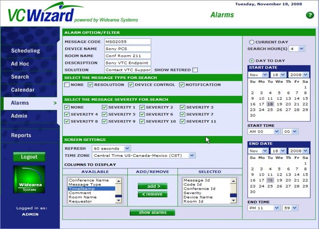VC Wizard conference scheduling screen